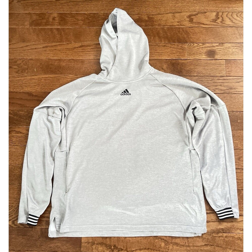 Adidas Mens L Gray Pullover Hoodie Solid Knit Long Sleeve Hooded Logo Accent